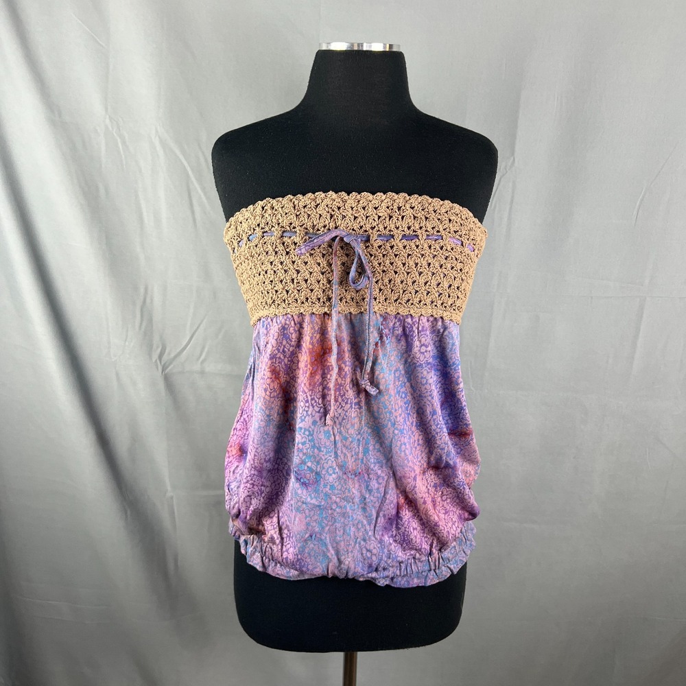 Santiki Crop Top Womens Medium Purple Brown Batik Print Crochet Off the Shoulder